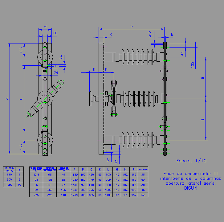 Bloque Autocad Fase de seccionador III intemperie de 3 columnas, apertura lateral serie DIGUN.